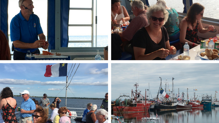 From top left and clockwise: Ron showing us the proper way to eat a lobster, me eating one, the Shediac harbor and a pic from the upper deck of the boat. 